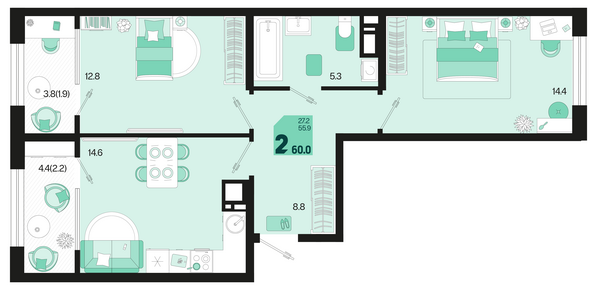 Планировка 2-комн 60 м²