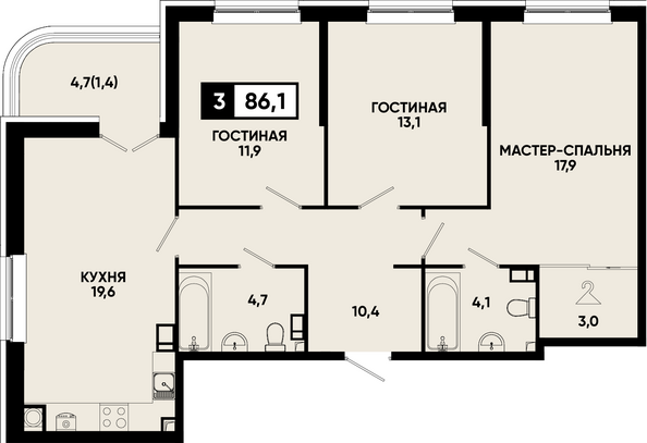 Планировка 3-комн 86,1 - 87,8 м²