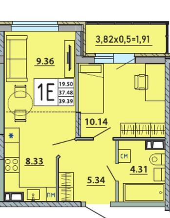 Планировка 1-комн 39,39 м²