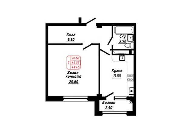 Планировка 1-комн 48,45 м²