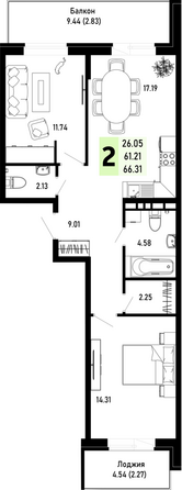 Планировка 2-комн 66,31 м²