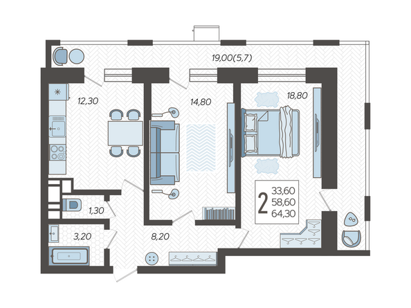 Планировка 2-комн 64,3 м²