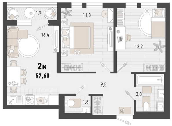 Планировка 2-комн 57,6 м²