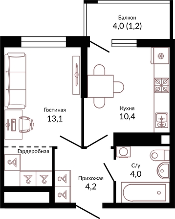Планировка 1-комн 32,9 м²