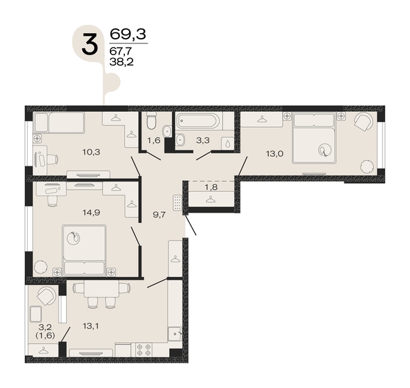 Планировка 3-комн 69,3 м²