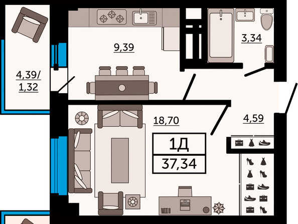 Планировка 1-комн 37,34 м²