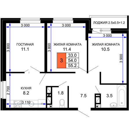 Планировка 3-комн 55,2 м²