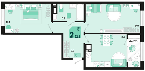 Планировка 2-комн 62,3, 63,1 м²