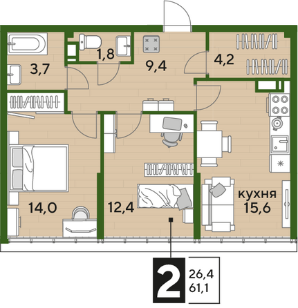 Планировка 2-комн 61,1 м²