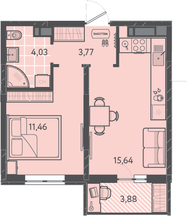 Планировка 1-комн 36,06 м²