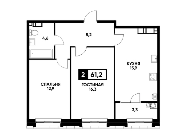 Планировка 2-комн 61,2 - 61,7 м²