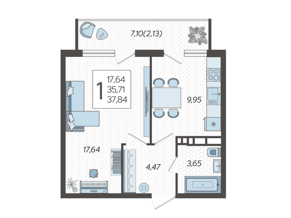 Планировка 1-комн 37,84 м²