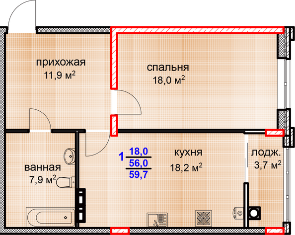 Планировка 1-комн 59,7 м²