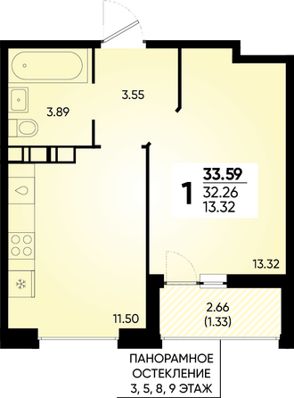 Планировка 1-комн 33,59 м²