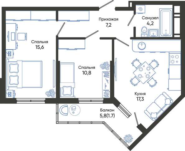 Планировка 2-комн 56 - 57,2 м²