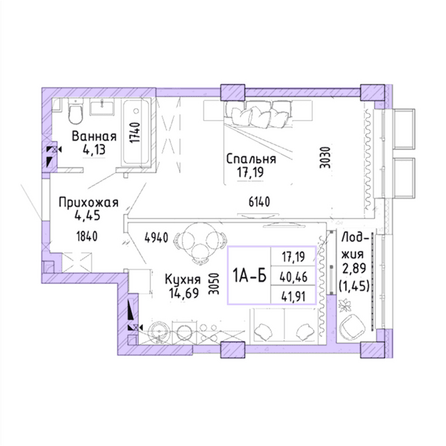 Планировка 1-комн 41,91 м²