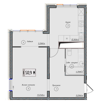 Планировка 1-комн 50,9 м²
