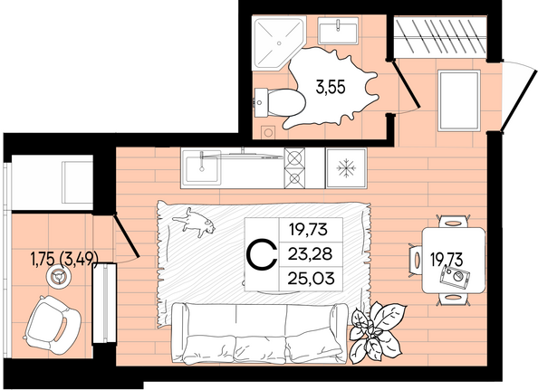 Планировка Студия 25,03 м²