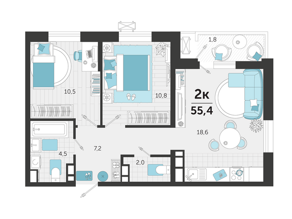 Планировка 2-комн 55,4 м²