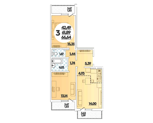 Планировка 3-комн 66,64 м²