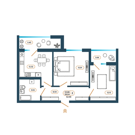 Планировка 2-комн 62,98 м²