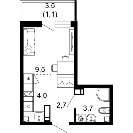 Планировка 1-комн 21 м²