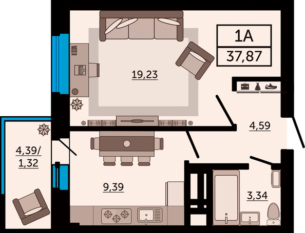 Планировка 1-комн 37,87 м²