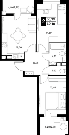Планировка 2-комн 60,1 - 61,2 м²