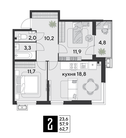 Планировка 2-комн 62,7 м²