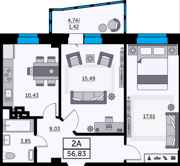 Планировка 2-комн 56,25 м²