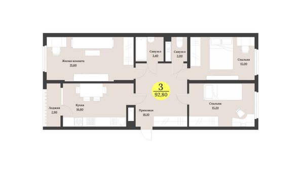 Планировка 3-комн 92,8 м²