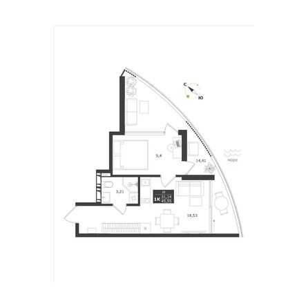 Планировка Апартамент 45,53 - 45,66 м²
