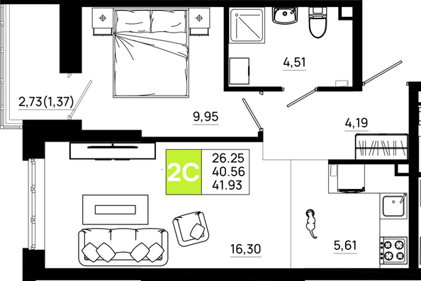 Планировка 1-комн 41,93 м²