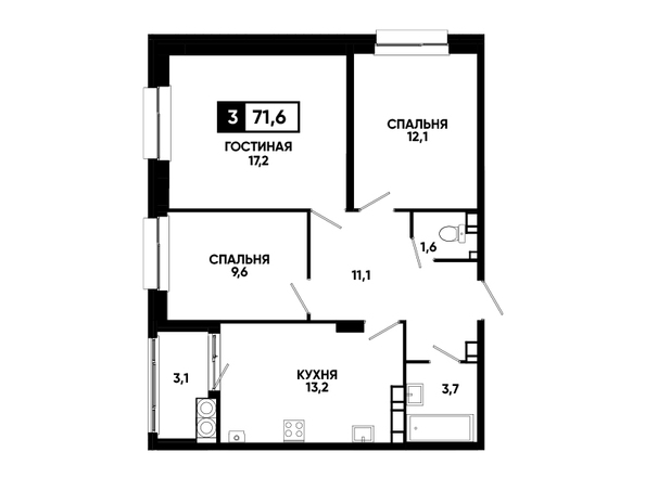 Планировка 3-комн 71,6 - 71,9 м²
