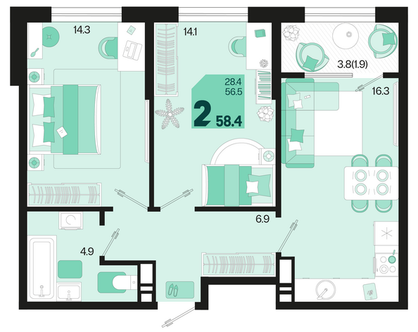 Планировка 2-комн 58,4, 59,5 м²