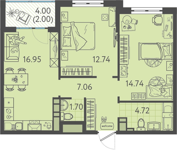 Планировка 2-комн 59,91 м²