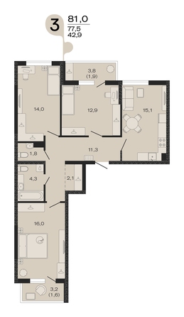 Планировка 3-комн 81 м²
