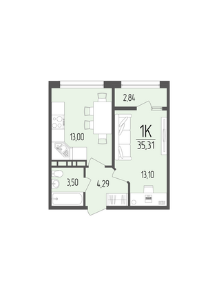 Планировка 1-комн 35,31 м²
