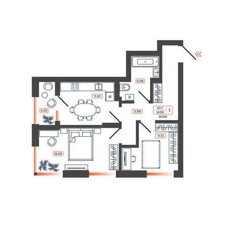 Планировка 1-комн 60,66 м²