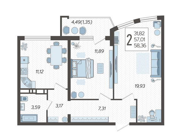 Планировка 2-комн 58,36 м²