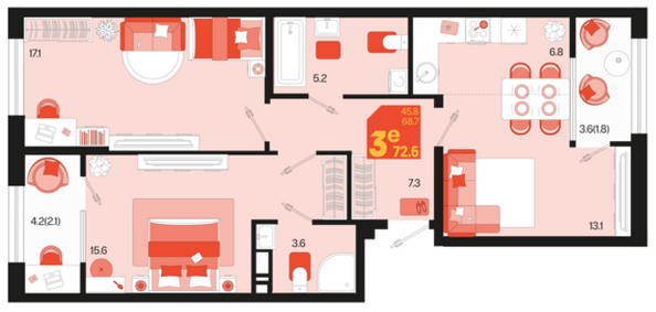 Планировка 2-комн 72,6 м²