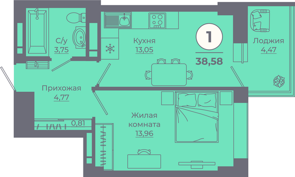 Планировка 1-комн 38,48 - 39,31 м²