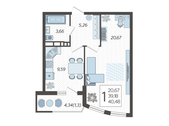 Планировка 1-комн 40,48 м²