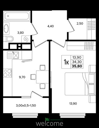 Планировка 1-комн 35,8 м²