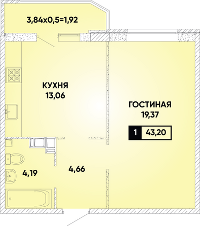 Планировка 1-комн 43,2 м²