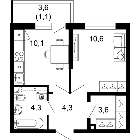 Планировка 1-комн 34 м²