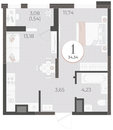 Планировка 1-комн 34,34 м²