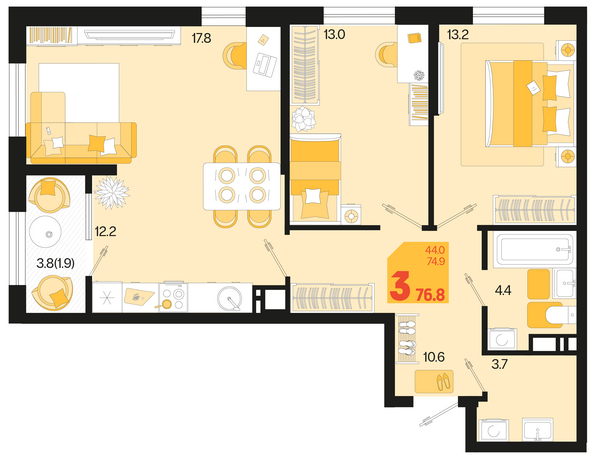 Планировка 3-комн 76,8 м²