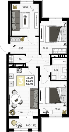 Планировка 3-комн 68,4 м²