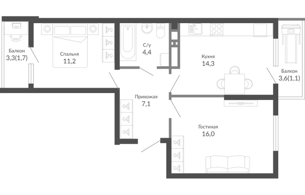 Планировка 2-комн 55,8 м²